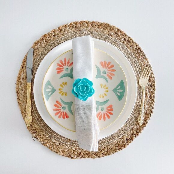 Elegant Rose Napkin Rings – Cyan Blue - Handmade - Wedding Party Event Planner - Picture 1 of 13